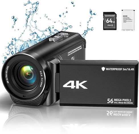 كاميرا فيديو بدقة 4K، كاميرا تسجيل فيديو للرؤية الليلية بالأشعة تحت الحمراء بدقة 56 ميجابكسل لليوتيوب، مسجل كاميرا فيديو بتكبير رقمي 18X، شاشة 3.0 بوصة IPS 270 درجة عالية الدقة مع بطاقة SD سعة 64 جيجابايت، بطاريتان in Kuwait