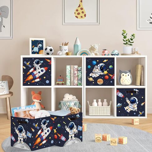 11.8" Outer Space Cube Storage Organizer Set 3Pcs Moon Rocket Cube Storage Bin for Bedroom Plant Rocket Kid Book Toy Chest, Blue in Kuwait