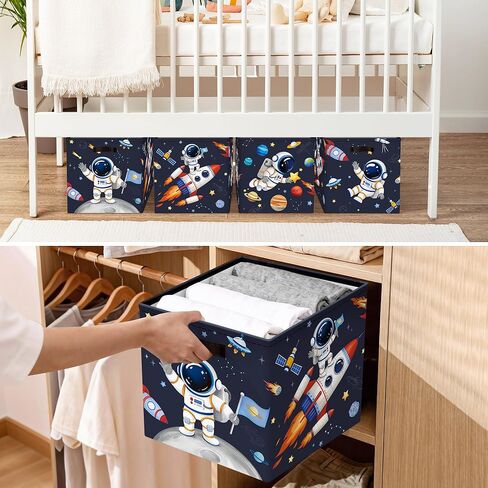 11.8" Outer Space Cube Storage Organizer Set 3Pcs Moon Rocket Cube Storage Bin for Bedroom Plant Rocket Kid Book Toy Chest, Blue in Kuwait
