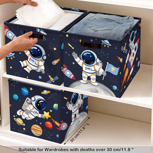 11.8" Outer Space Cube Storage Organizer Set 3Pcs Moon Rocket Cube Storage Bin for Bedroom Plant Rocket Kid Book Toy Chest, Blue in Kuwait