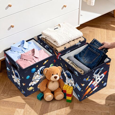 11.8" Outer Space Cube Storage Organizer Set 3Pcs Moon Rocket Cube Storage Bin for Bedroom Plant Rocket Kid Book Toy Chest, Blue in Kuwait