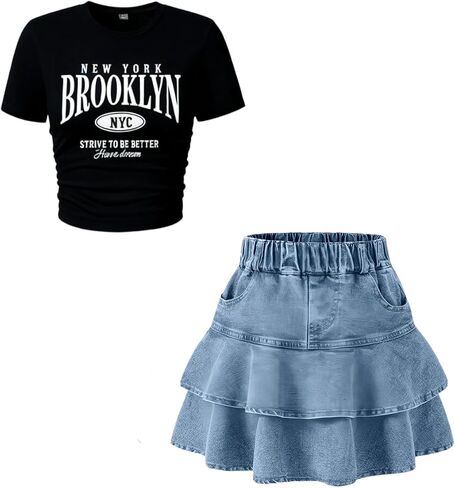 Tween Girls Skirt Set Short Sleeve T-Shirt and Ruffle Tiered Denim Skirt Summer Casual 2 Piece Outfit Size 7-14 in Saudi Arabia