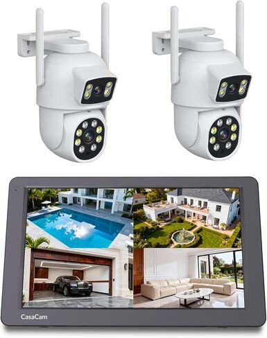 CasaCam GuardianCam Duo، نظام كاميرا أمان بعدسة مزدوجة 2K في الهواء الطلق مع شاشة مقاس 10.1 بوصة، عبوتان من الرصاص + PTZ 360 درجة تتبع تلقائي، اكتشاف الإنسان بالذكاء الاصطناعي، رؤية ليلية ملونة، بدون رسوم شهرية، IP66، VS1042 in Kuwait