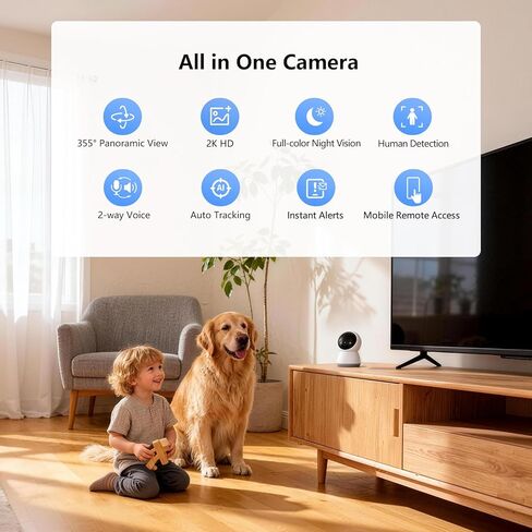 كاميرا أمان 2.4G Pan/Tilt، كاميرا داخلية 2K WiFi للمنزل/الطفل/الحيوانات الأليفة، رؤية ليلية ملونة، كشف الحركة البشرية، تسجيل 24/7، صوت ثنائي الاتجاه in Kuwait