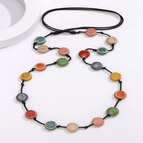 Colorful Simple flat Bead Charm Necklaces Personality Jewelry Ceramic Bead Long Necklace(multicolor) in Kuwait