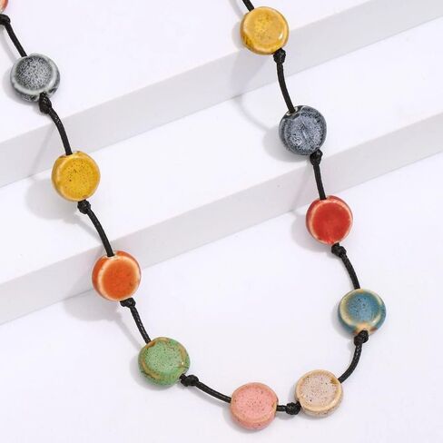 Colorful Simple flat Bead Charm Necklaces Personality Jewelry Ceramic Bead Long Necklace(multicolor) in Kuwait