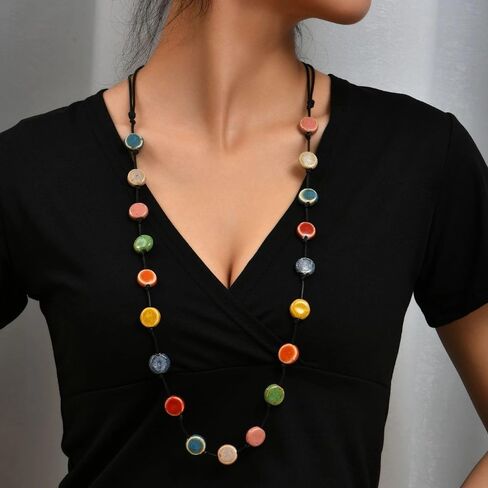 Colorful Simple flat Bead Charm Necklaces Personality Jewelry Ceramic Bead Long Necklace(multicolor) in Kuwait