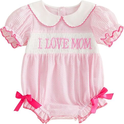 Baby Girl Mothers Day Outfit I Love Mom Embroidery Smocked Bubble Romper Short Sleeve Doll Collar Striped Bodysuit in Kuwait