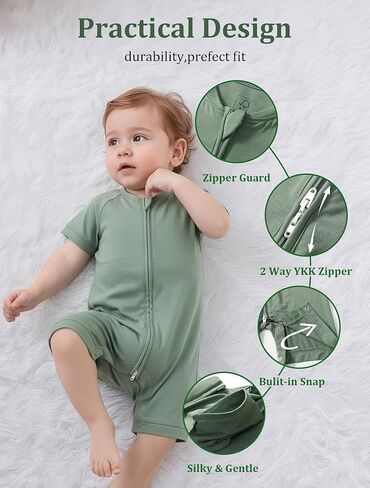 JunNeng Viscose from Bamboo Pajamas, Short Sleeve Baby Romper with Zipper Snap Closure,One-piece Summer Footless Jumpsuit in Kuwait