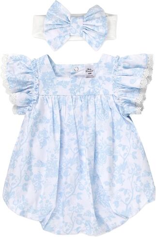 رومبير للفتيات الصغيرات مع عصابة رأس من Baby Essentials، ملابس أطفال من القطن بنسبة 100% لمدة تتراوح من 3 إلى 9 أشهر، ملابس أطفال للربيع والصيف in Kuwait