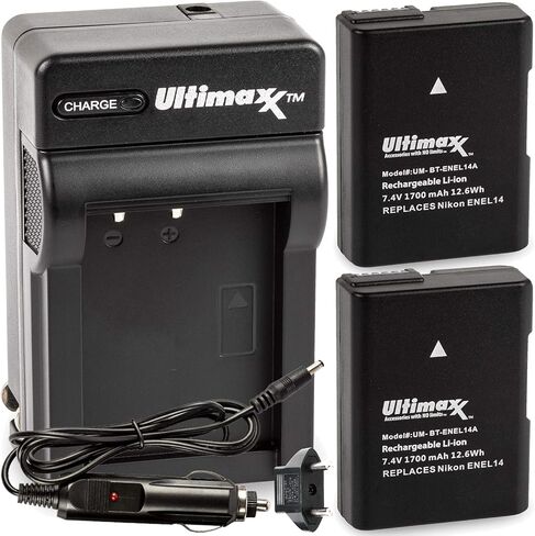 Ultimaxx Rapid Travel Charger with 2X EN-EL14A Extended Life Battery (1700mAh) for Nikon D3100 D3200 D3300 D3400 D3500 D5100 D5200 D5300 D5500 D5600 DF Coolpix P7000 P7100 P7700 P7800 in Kuwait