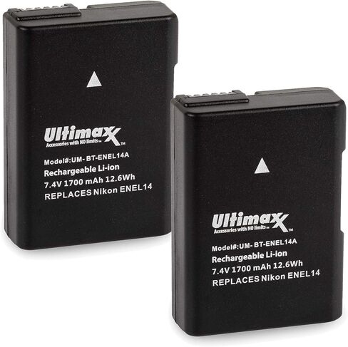 Ultimaxx Rapid Travel Charger with 2X EN-EL14A Extended Life Battery (1700mAh) for Nikon D3100 D3200 D3300 D3400 D3500 D5100 D5200 D5300 D5500 D5600 DF Coolpix P7000 P7100 P7700 P7800 in Kuwait