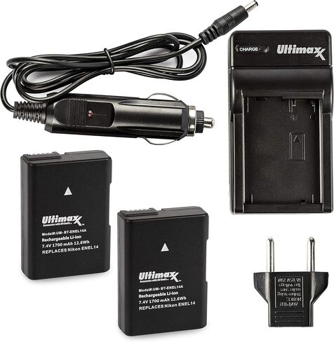 Ultimaxx Rapid Travel Charger with 2X EN-EL14A Extended Life Battery (1700mAh) for Nikon D3100 D3200 D3300 D3400 D3500 D5100 D5200 D5300 D5500 D5600 DF Coolpix P7000 P7100 P7700 P7800 in Kuwait