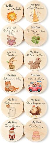 Wooden Baby Holiday Milestone Set – 6 Double-Sided Discs with 12 ‘My First’ Holiday Designs – Keepsake Photo Prop Gift for Newborns in Kuwait