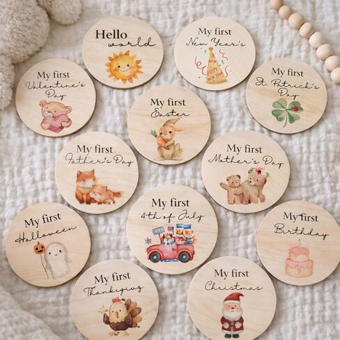 Wooden Baby Holiday Milestone Set – 6 Double-Sided Discs with 12 ‘My First’ Holiday Designs – Keepsake Photo Prop Gift for Newborns in Kuwait