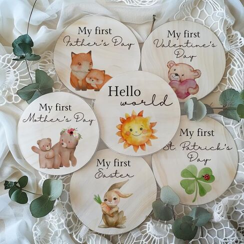 Wooden Baby Holiday Milestone Set – 6 Double-Sided Discs with 12 ‘My First’ Holiday Designs – Keepsake Photo Prop Gift for Newborns in Kuwait