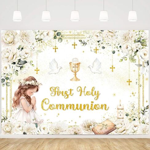 MEHOFOND First Holy Communion Backdrop for Girl Baptism Christening Party Decor Mi Primera Comunion God Bless Mi Bautizo Banner Chalice White Flower Photo Background Photo Shoot Props 7x5ft in Saudi Arabia