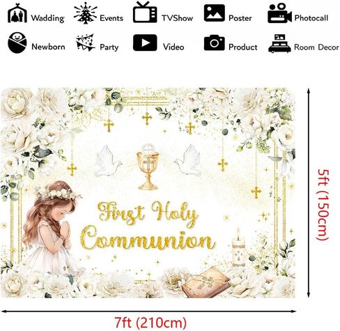 MEHOFOND First Holy Communion Backdrop for Girl Baptism Christening Party Decor Mi Primera Comunion God Bless Mi Bautizo Banner Chalice White Flower Photo Background Photo Shoot Props 7x5ft in Saudi Arabia