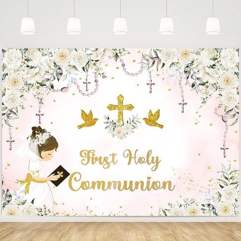 MEHOFOND First Holy Communion Backdrop for Girl Baptism Christening Party Decor Mi Primera Comunion God Bless Mi Bautizo Banner Chalice White Flower Photo Background Photo Shoot Props 7x5ft in Saudi Arabia