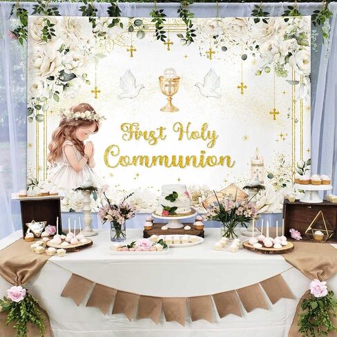 MEHOFOND First Holy Communion Backdrop for Girl Baptism Christening Party Decor Mi Primera Comunion God Bless Mi Bautizo Banner Chalice White Flower Photo Background Photo Shoot Props 7x5ft in Saudi Arabia