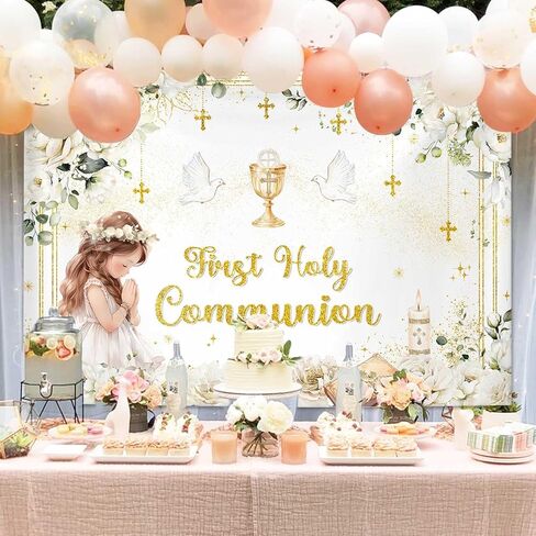 MEHOFOND First Holy Communion Backdrop for Girl Baptism Christening Party Decor Mi Primera Comunion God Bless Mi Bautizo Banner Chalice White Flower Photo Background Photo Shoot Props 7x5ft in Saudi Arabia