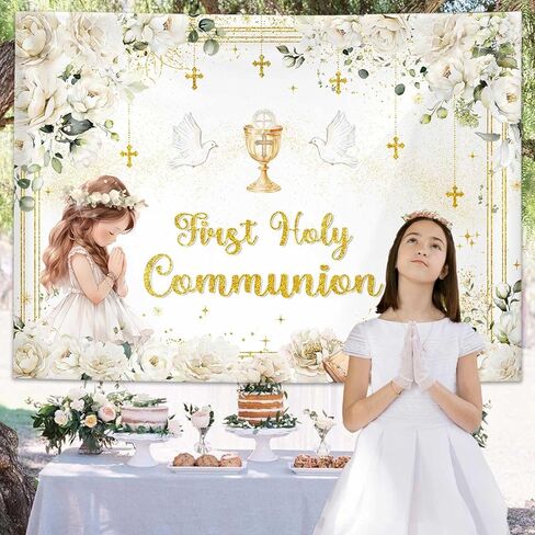 MEHOFOND First Holy Communion Backdrop for Girl Baptism Christening Party Decor Mi Primera Comunion God Bless Mi Bautizo Banner Chalice White Flower Photo Background Photo Shoot Props 7x5ft in Saudi Arabia