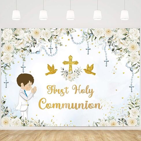 MEHOFOND First Holy Communion Backdrop for Girl Baptism Christening Party Decor Mi Primera Comunion God Bless Mi Bautizo Banner Chalice White Flower Photo Background Photo Shoot Props 7x5ft in Saudi Arabia