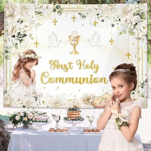 MEHOFOND First Holy Communion Backdrop for Girl Baptism Christening Party Decor Mi Primera Comunion God Bless Mi Bautizo Banner Chalice White Flower Photo Background Photo Shoot Props 7x5ft in Saudi Arabia