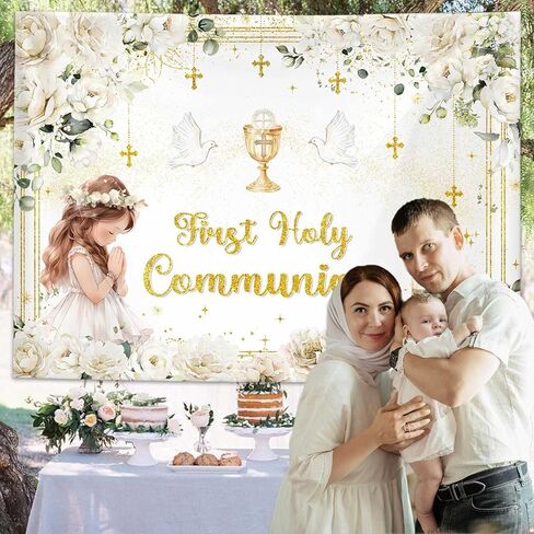 MEHOFOND First Holy Communion Backdrop for Girl Baptism Christening Party Decor Mi Primera Comunion God Bless Mi Bautizo Banner Chalice White Flower Photo Background Photo Shoot Props 7x5ft in Saudi Arabia