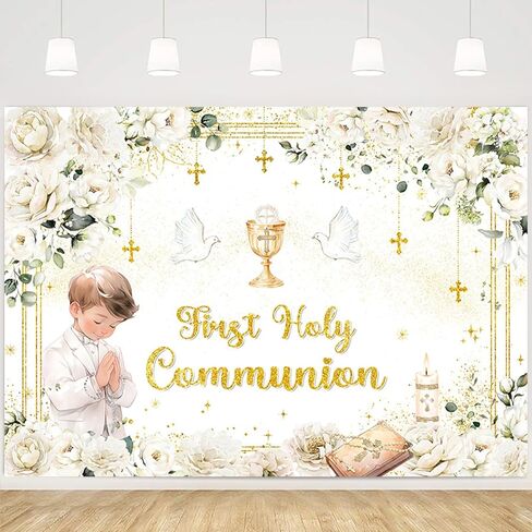 MEHOFOND First Holy Communion Backdrop for Girl Baptism Christening Party Decor Mi Primera Comunion God Bless Mi Bautizo Banner Chalice White Flower Photo Background Photo Shoot Props 7x5ft in Saudi Arabia