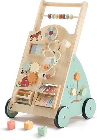 NEWBULIG Wooden Baby Walker for First Steps, Adjustable Speed Push Walker with Montessori Activity Center, Silent Wheels Baby Walking Toys in Kuwait