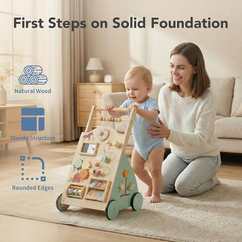 NEWBULIG Wooden Baby Walker for First Steps, Adjustable Speed Push Walker with Montessori Activity Center, Silent Wheels Baby Walking Toys in Kuwait