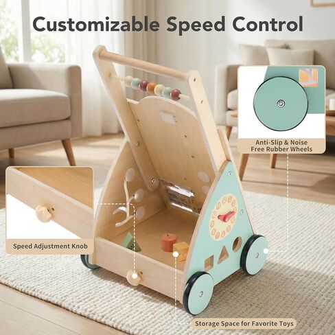 NEWBULIG Wooden Baby Walker for First Steps, Adjustable Speed Push Walker with Montessori Activity Center, Silent Wheels Baby Walking Toys in Kuwait