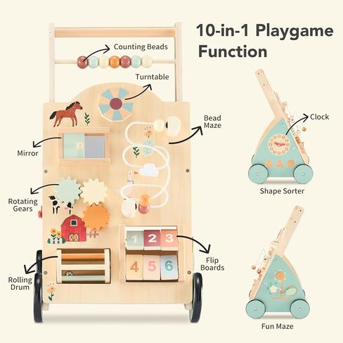 NEWBULIG Wooden Baby Walker for First Steps, Adjustable Speed Push Walker with Montessori Activity Center, Silent Wheels Baby Walking Toys in Kuwait