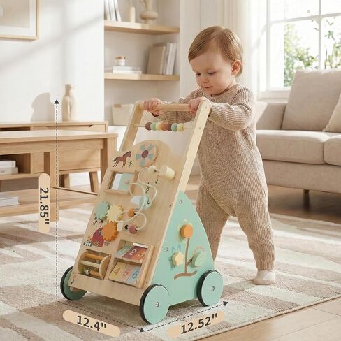 NEWBULIG Wooden Baby Walker for First Steps, Adjustable Speed Push Walker with Montessori Activity Center, Silent Wheels Baby Walking Toys in Kuwait