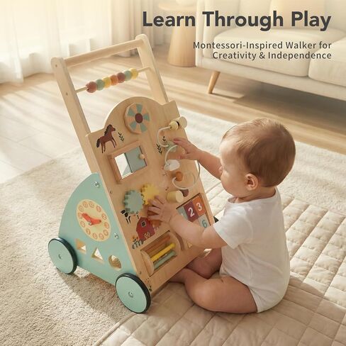 NEWBULIG Wooden Baby Walker for First Steps, Adjustable Speed Push Walker with Montessori Activity Center, Silent Wheels Baby Walking Toys in Kuwait