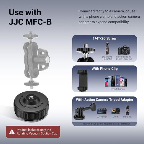 حامل كاميرا JJC محمول بالشفط مع برغي ذكر 1/4 بوصة، حامل شفط بقفل ملتوي متوافق مع DJI Pocket 4/3، Action 6، Gopro Hero 13/12، Insta360 X5 والهواتف لتسجيل الفيديو in Kuwait