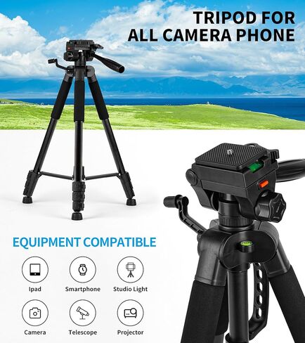 حوامل ثلاثية القوائم للكاميرا مقاس 72 بوصة، حوامل ثلاثية احترافية محمولة لتسجيل فيديو DSLR، حامل ثلاثي القوائم للهاتف المحمول خفيف الوزن للسفر أسود مع رأس 360 درجة in Kuwait