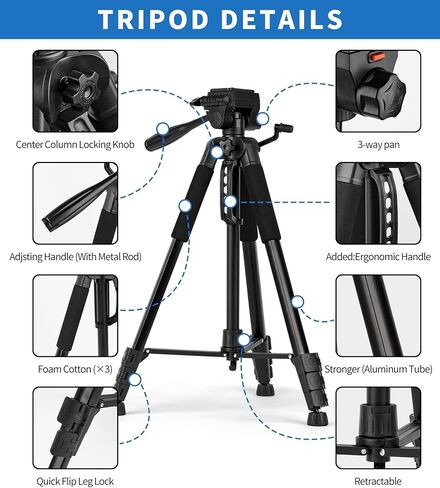 حوامل ثلاثية القوائم للكاميرا مقاس 72 بوصة، حوامل ثلاثية احترافية محمولة لتسجيل فيديو DSLR، حامل ثلاثي القوائم للهاتف المحمول خفيف الوزن للسفر أسود مع رأس 360 درجة in Kuwait