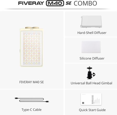 ZHIYUN FIVERAY M40 SE Combo مصباح فيديو محمول، مصباح جيب محمول ثنائي اللون 40 وات، 17100 لوكس، 2700-8500 كلفن، CRI≈95، TLCI 97+، بطارية 2600 مللي أمبير في الساعة، ضوء LED 320 جرام in Kuwait