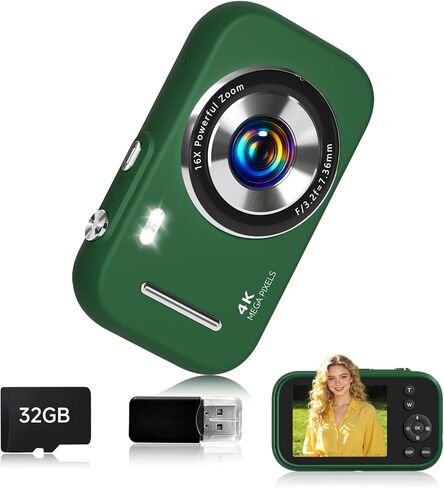 كاميرا رقمية، كاميرا مدمجة 4K بدقة 48 ميجابكسل للمراهقين، تكبير 16X مضاد للاهتزاز، بطاقة SD سعة 32 جيجابايت، 21 مرشحًا، شبكة تأطير، ختم التاريخ، حركة بطيئة، وظيفة MP3، كاميرا صغيرة للسفر للأولاد والبنات، أخضر in Kuwait