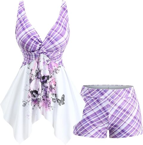 ROSE GAL Plus Size Women Gothic Two Piece Bathing Suit Skull Floral Print Plaid Tankini Swimsuit in Saudi Arabia