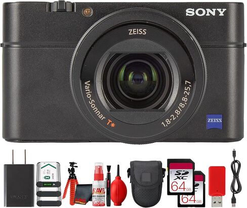 كاميرا Sony DSC-RX100 IV بدقة 20.1 ميجابكسل مع مستشعر CMOS مكدس 1 بوصة، وعدسة ZEISS مقاس 24-70 مم f/1.8-2.8، وفيديو بدقة 4K (DSC-RX100M4) + بطاقة 2 × 64 جيجابايت + ضوء LED + المزيد (حزمة مكونة من 15 قطعة) in Kuwait