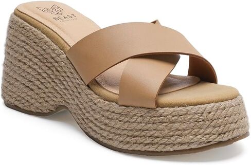 BEAST FASHION Women's Beige Woven Crisscross Strap Platform Wedge Sandals in Saudi Arabia