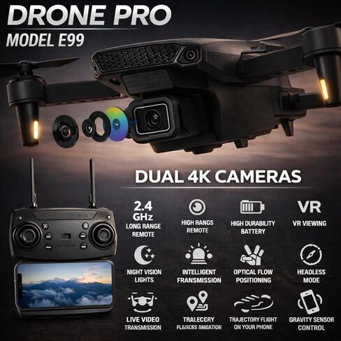 طائرة بدون طيار Mini E99 Pro RC مع كاميرا مزدوجة، واي فاي FPV، تصميم قابل للطي، محرك بدون فرش، جهاز تحكم عن بعد، 1 بطارية قابلة للشحن - كاميرا إلكترونية بدون طيار in Kuwait