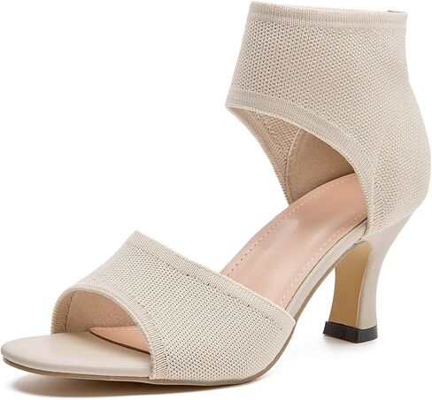 Womens Knit Sandals Elastic Peep Toe Booties 3 Inch Block Heeled Sandals Stiletto for Date and Office US5-11 in Kuwait