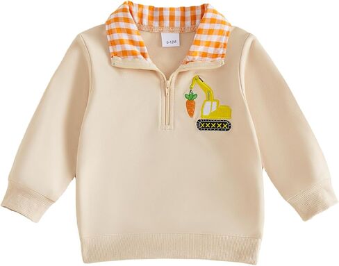 Toddler Boy Easter Outfit Bunny/Carrot Embroidery Sweatshirt Lapel Neck Pullover Shirt Top Kids Spring Clothes in Saudi Arabia
