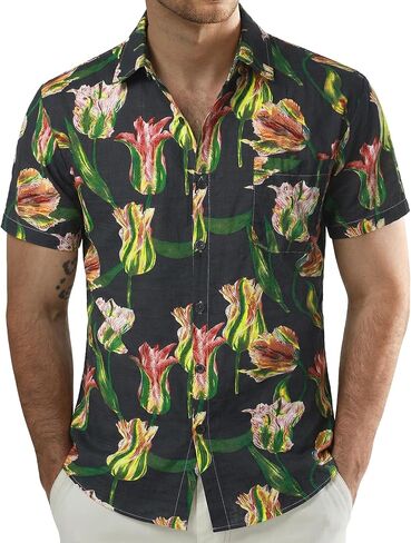 JOGAL Men's Flower Short Sleeve Button Down Hawaiian Shirt in Kuwait