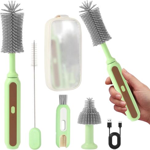 Electric Baby Bottle Brush Cleaner, 5-in-1 Travel Kit with Storage Bag, Food-Grade Silicone, Long Battery Life, Portable Baby Bottle Cleaner Brush Set, Ideal Gift for Parents & Babies (Green) in Kuwait