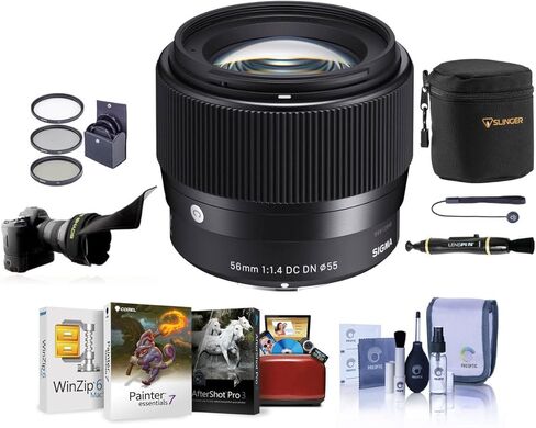 Sigma 56mm f/1.4 DC DN Contemporary Lens for Canon EF-M, Bundle with Filter Kit, Flex Shade, Pouch, Cleaner, Cleaning, Mac Software in Kuwait